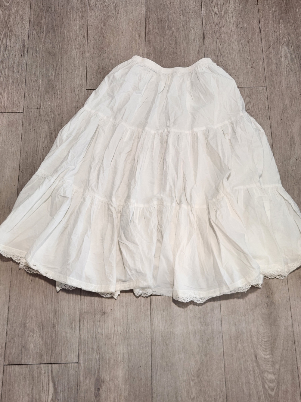 Vintage White Tiered Lace Trim Cottagecore Prairie Midi Skirt Elastic Waist